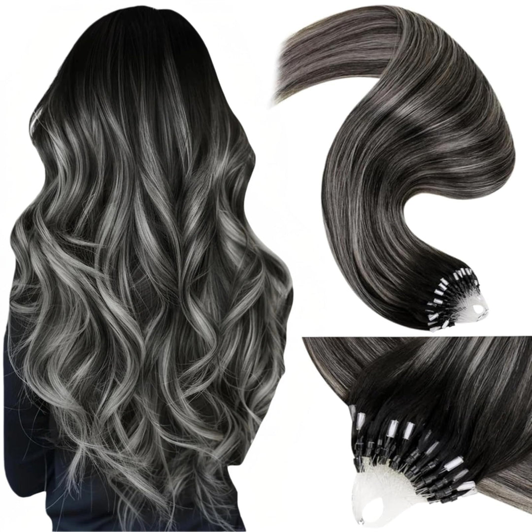 LaaVoo Microring Extensions Echthaar Ombre Silber Microring Extensions Echthaar Balayage Schwarz Sil