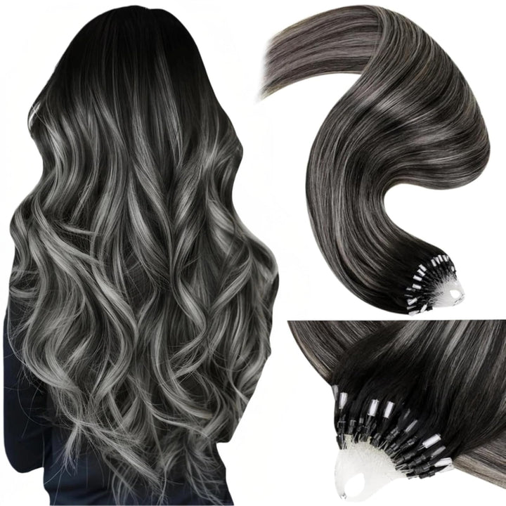 LaaVoo Microring Extensions Echthaar Ombre Silber Microring Extensions Echthaar Balayage Schwarz Sil
