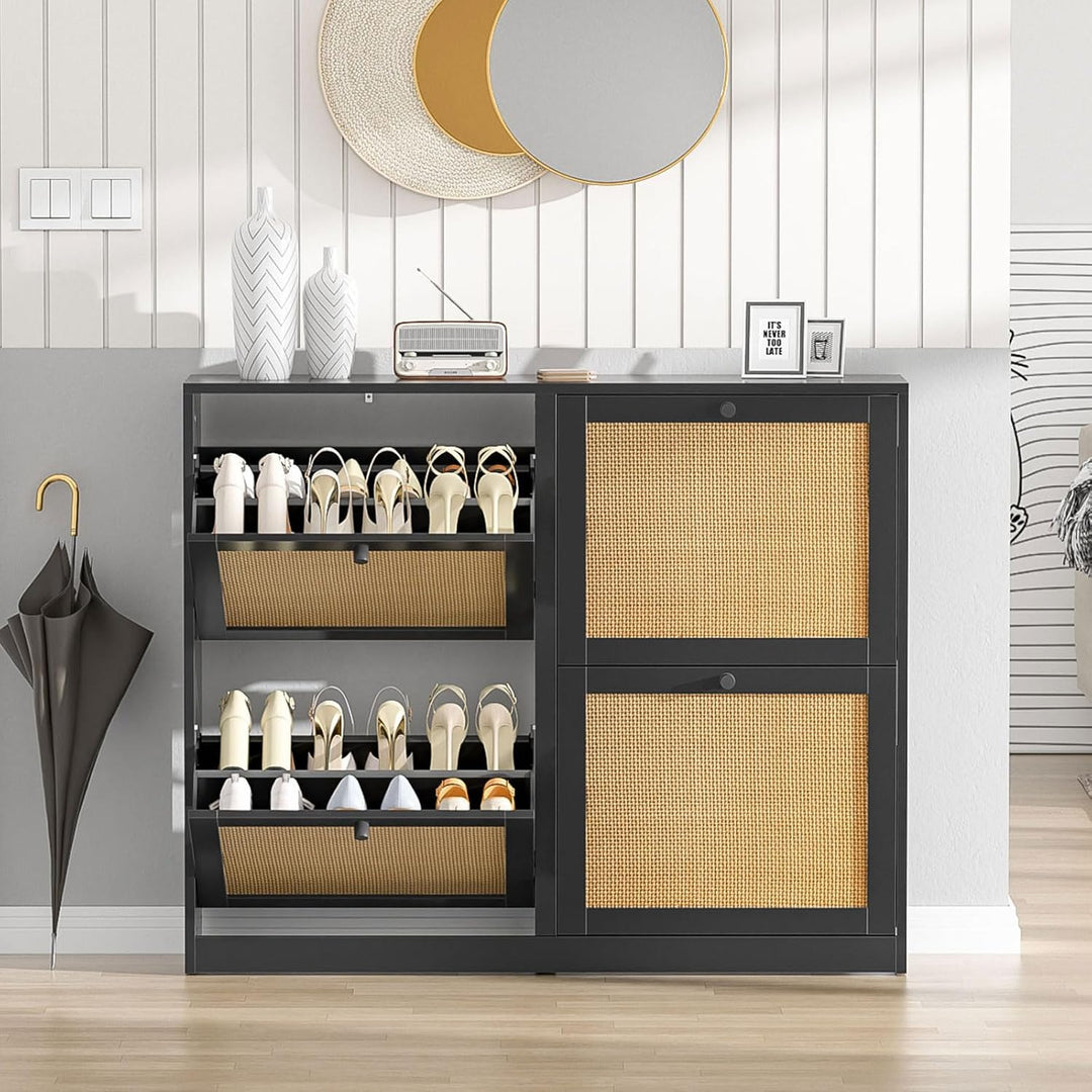 Rattan Schuhschrank mit 4 Klappen, Schuhkipper Schuhkommode mit Einstellbar Ablageflächen Schuhregal
