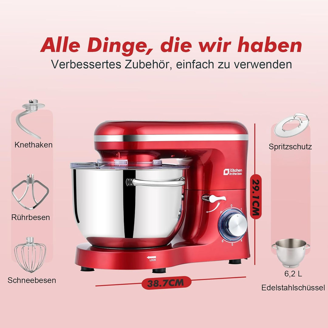 Kitchen in the box Küchenmaschine, 6,2 L Knetmaschine 1400 W, 6 Geschwindigkeits Teigmaschine mit Rü