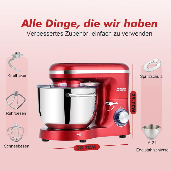 Kitchen in the box Küchenmaschine, 6,2 L Knetmaschine 1400 W, 6 Geschwindigkeits Teigmaschine mit Rü