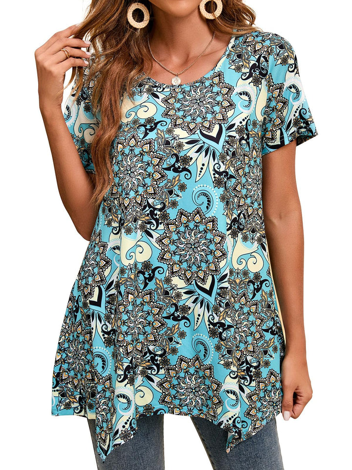 Enmain Damen Tunika Shirt Langarm/Kurzarm Bluse Tunika Blumen Longshirt Casual Elegante 3/4 Ärmel Ru