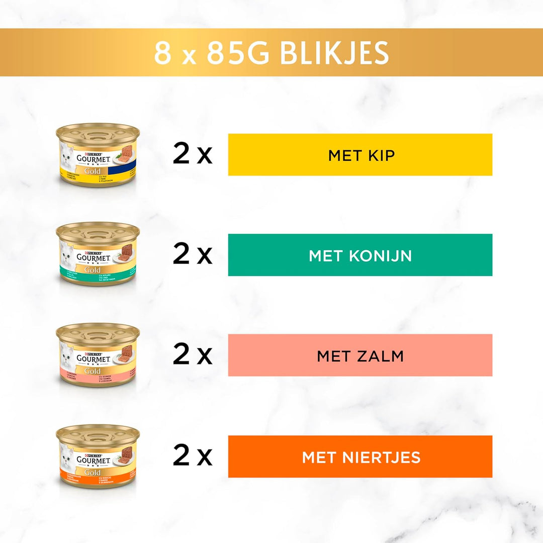 Gourmet Gold Mousse Katzenfutter, Nassfutter mit Huhn, Lachs, Nieren und Kaninchen - 8x85g - 6er Box
