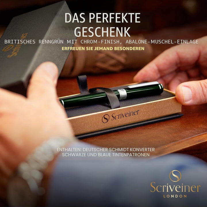Scriveiner Füller Green - britisches Renngrün, toller Luxus Füllfederhalter, Chromausführung, medium