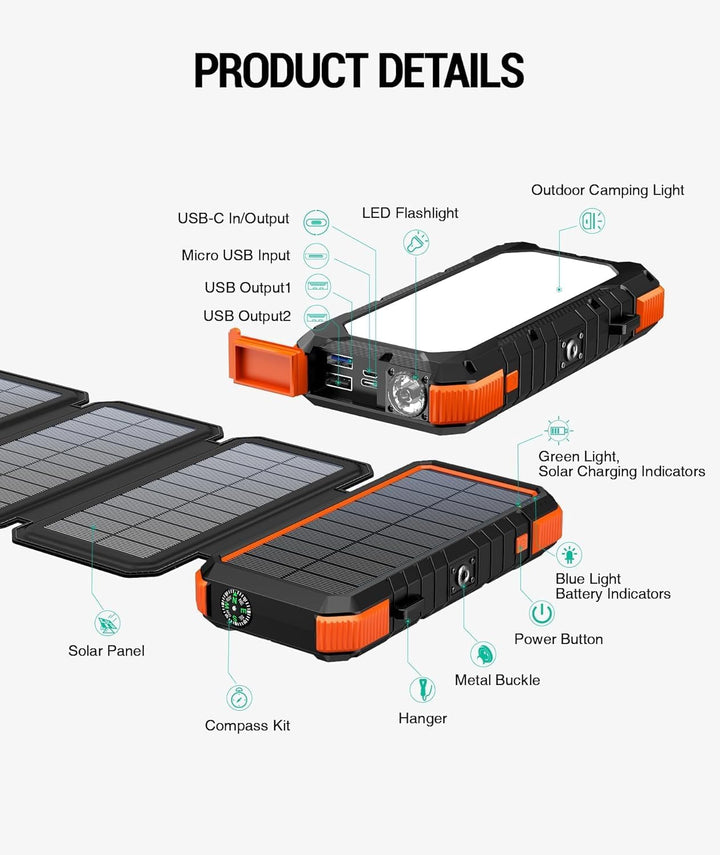 BLAVOR Solar Powerbank 20000mAh Solarladegerät mit 4 Solarpanel und USB C Ausgängen PD 18W Schnellla