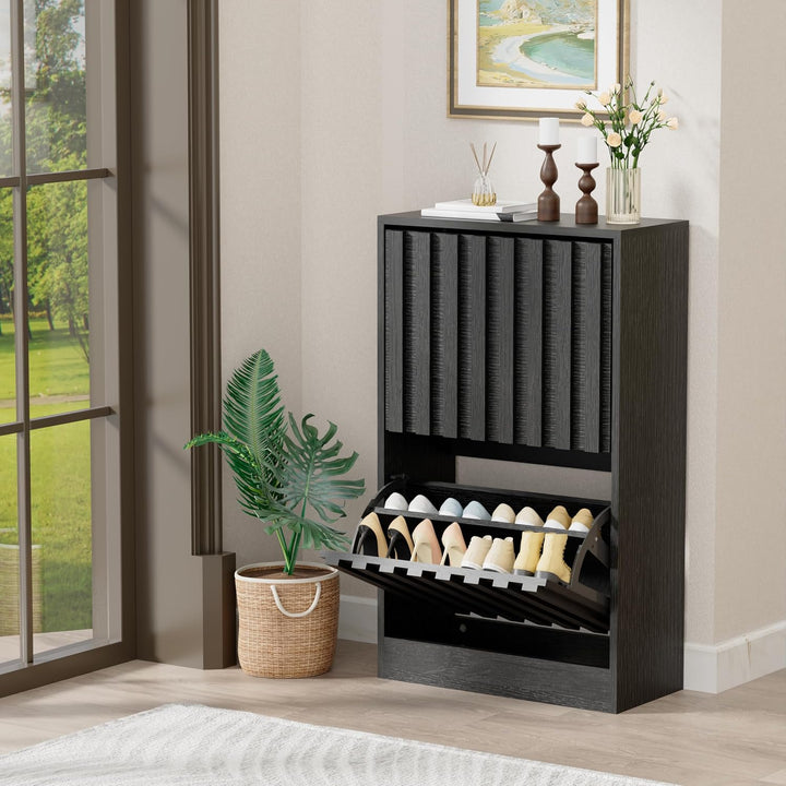 UEV Schuhschrank mit 2 Klappen Holz Schmal Schuhkipper Schuhkommode mit Kippschutz, Schuhaufbewahrun