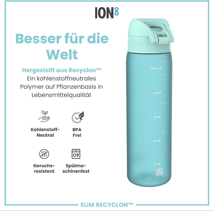 ion8 Trinkflasche, 500 ml, Auslaufsicher, Einhandöffnung, Sichere Verriegelung, Spülmaschinenfest, B
