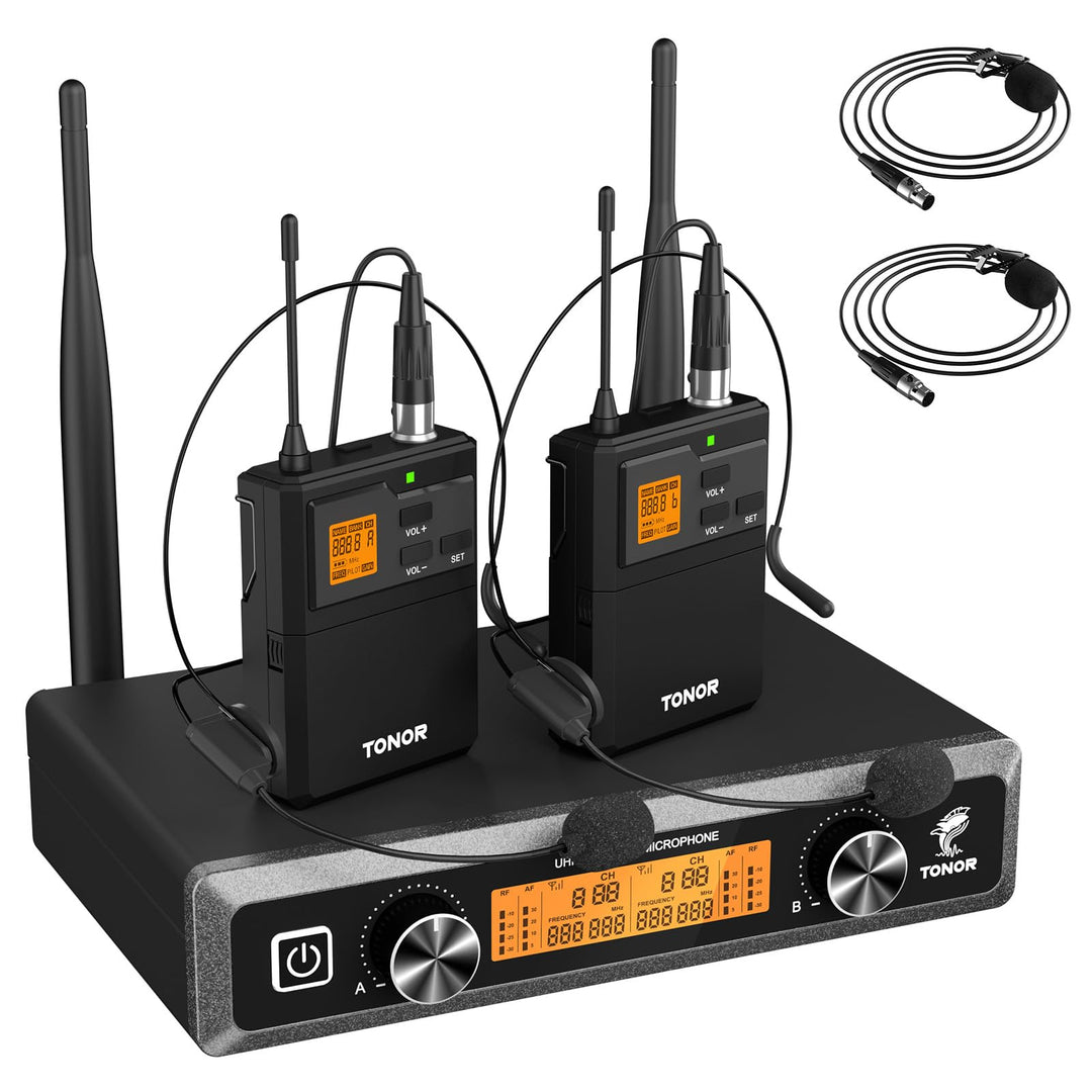 TONOR Duales UHF Mikrofon Kabellos Set mit 2 Bodypack Transmitter/Headset/Lavalier Wireless Micropho