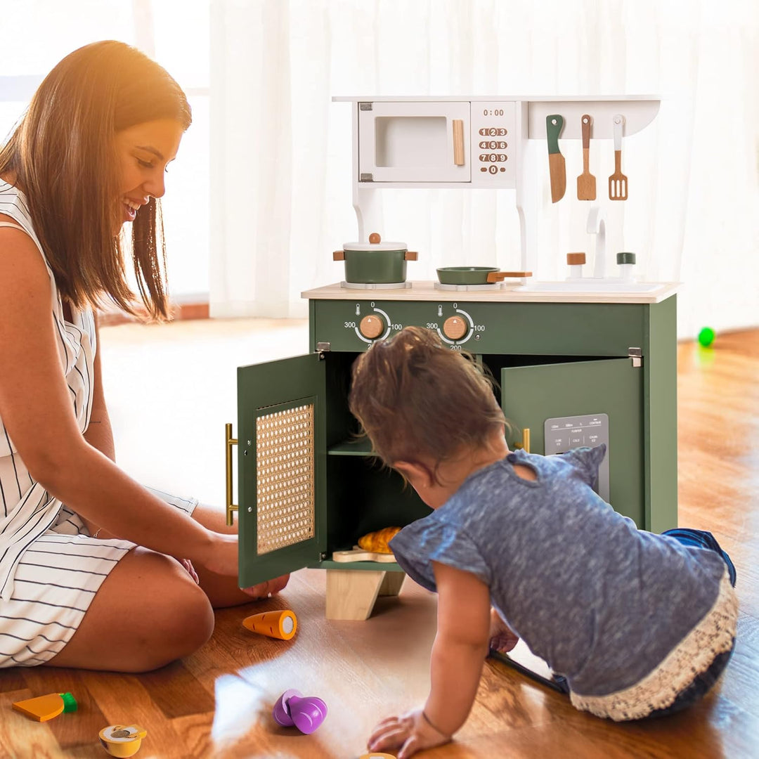 ROBUD Kinderküche Holz Spielset, Spielküche Kinder Küche mit Vorgetäuschtem Eiswürfelspender & Zubeh