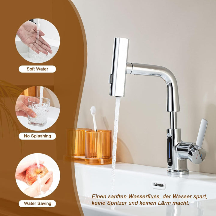 Wasserhahn Bad 360°Schwenkbar LakeBayMZC Spültischarmatur LED Temperaturanzeige,Aufsatzwaschbecken m