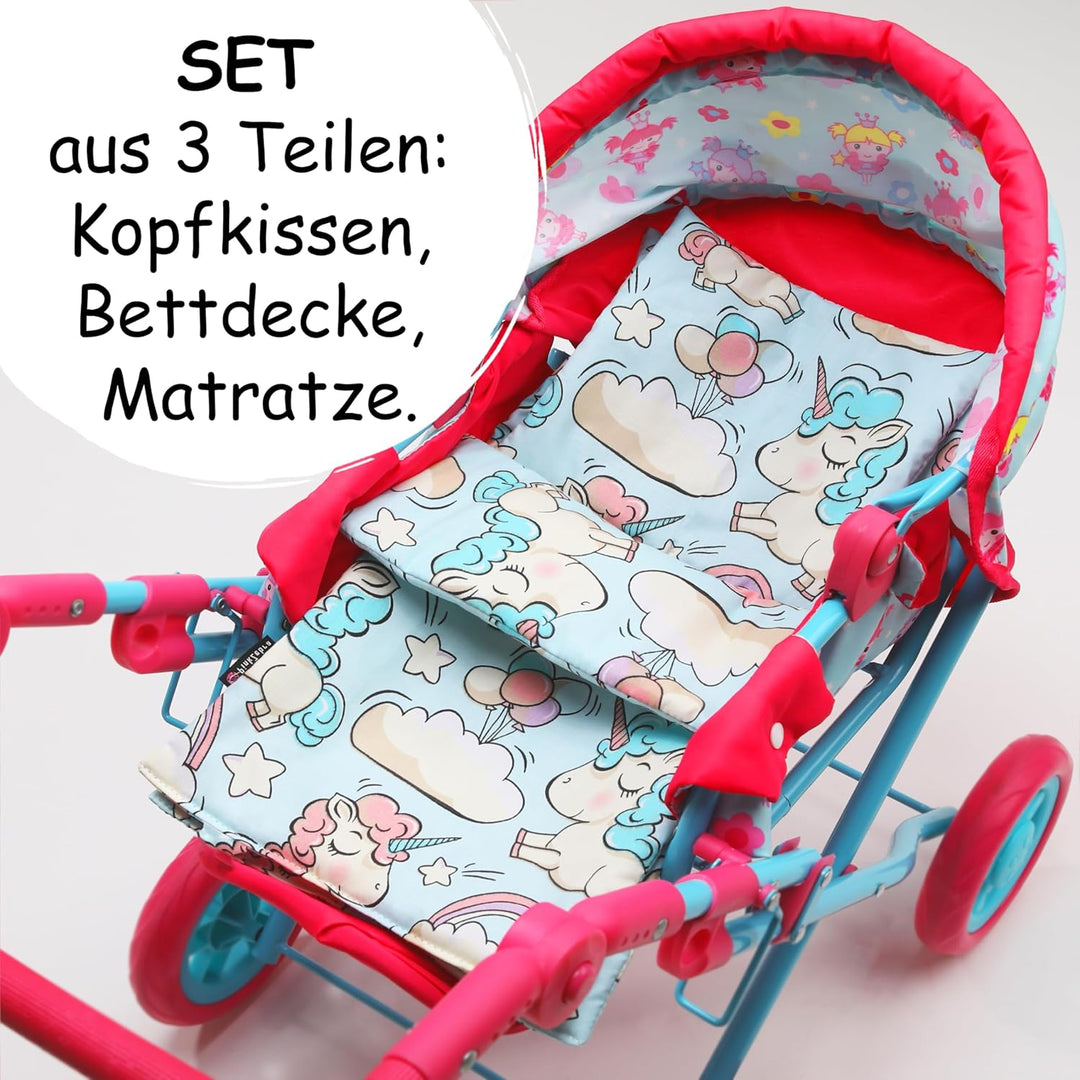 PinkZebra 3er Set Puppenbettwäsche für Puppen bis 43 cm, Puppenbettzeug 3-teilig, Decke + Kissen + M