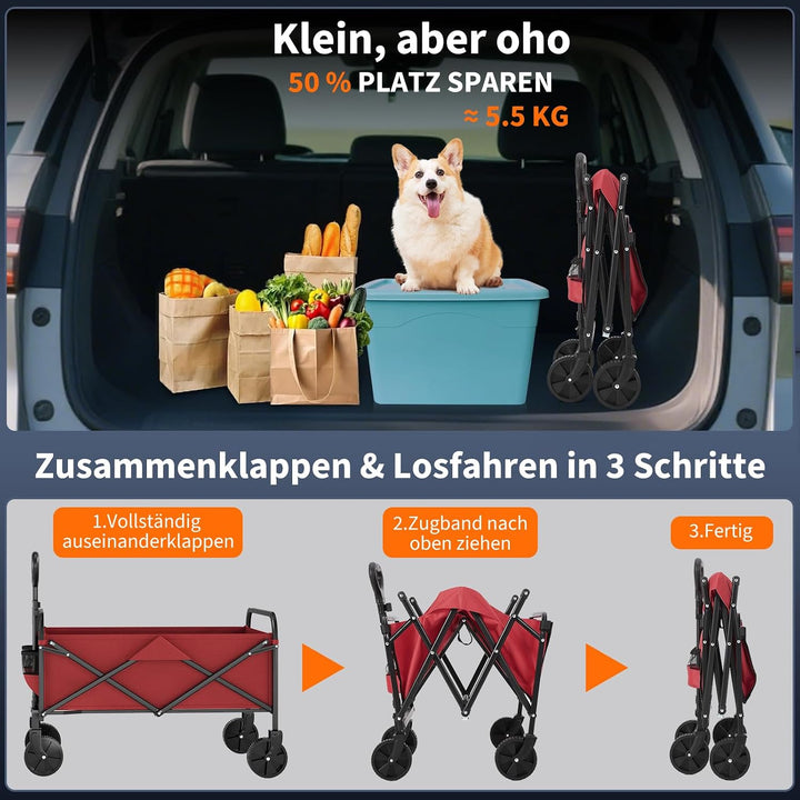 Faltbarer Bollerwagen 220L, 172kg Traglast, Rot | 360° Geländeräder mit Bremse, Stahlrahmen aus 600D