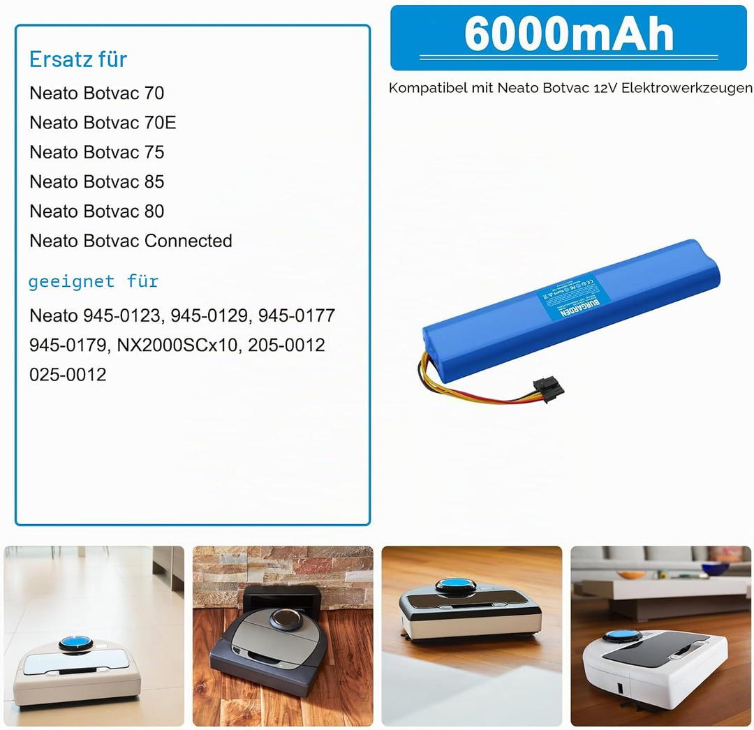 Werkzeugakkus 12V 6000mAh NI-MH Akku Kompatibel mit Neato Botvac 70, 70E, 75, 80, 85 Staubsauger, Er