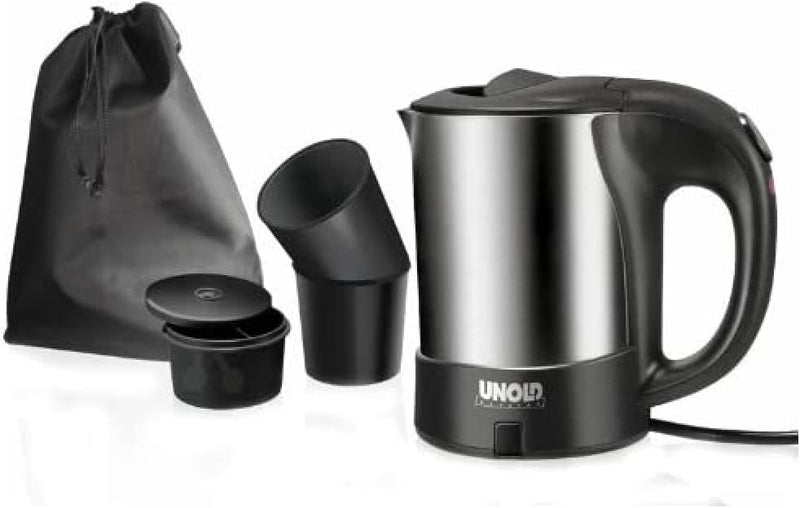 UNOLD 18575 Reise-Blitzkocher Edelstahl, 0.5 L Volumen, Edelstahl/Schwarz, 1.000 Watt, inkl. 2 Tasse