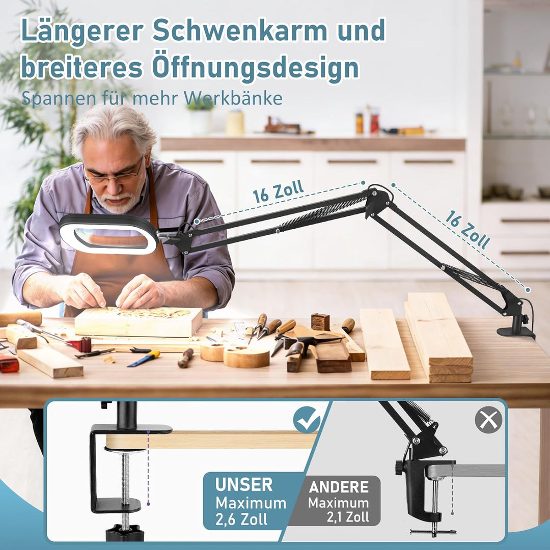 Veemagni 10X Echtes Glas Rechteckige Lupe mit Licht und Klemme, 5 Farbmodi Stufenlos Dimmen, 2 * 16