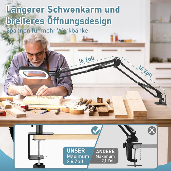 Veemagni 10X Echtes Glas Rechteckige Lupe mit Licht und Klemme, 5 Farbmodi Stufenlos Dimmen, 2 * 16