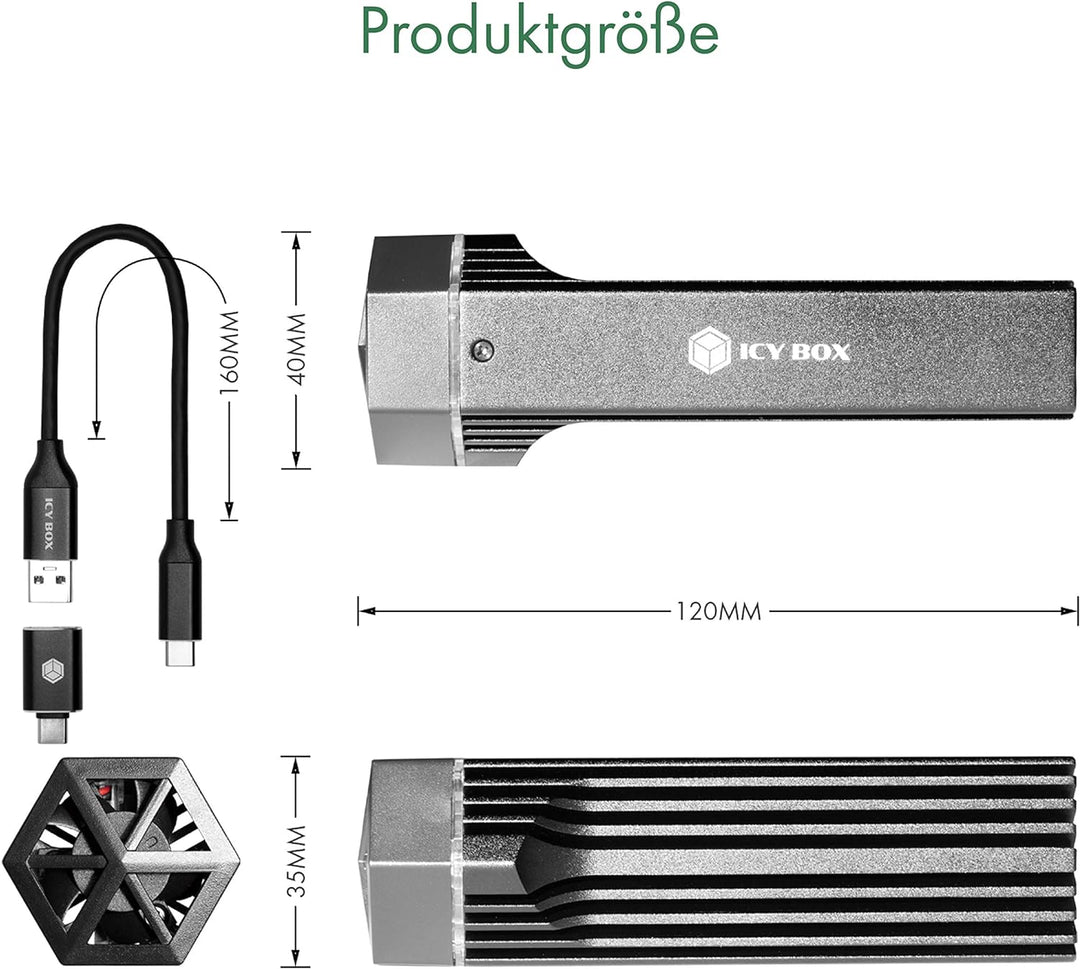 ICY Box M.2 NVMe Gehäuse mit Lüfter, RGB Beleuchtung, USB 3.1 Gen2 (10 Gbit/s), für M.2 SSD, Alumini