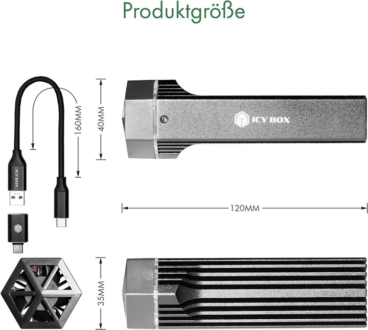 ICY Box M.2 NVMe Gehäuse mit Lüfter, RGB Beleuchtung, USB 3.1 Gen2 (10 Gbit/s), für M.2 SSD, Alumini