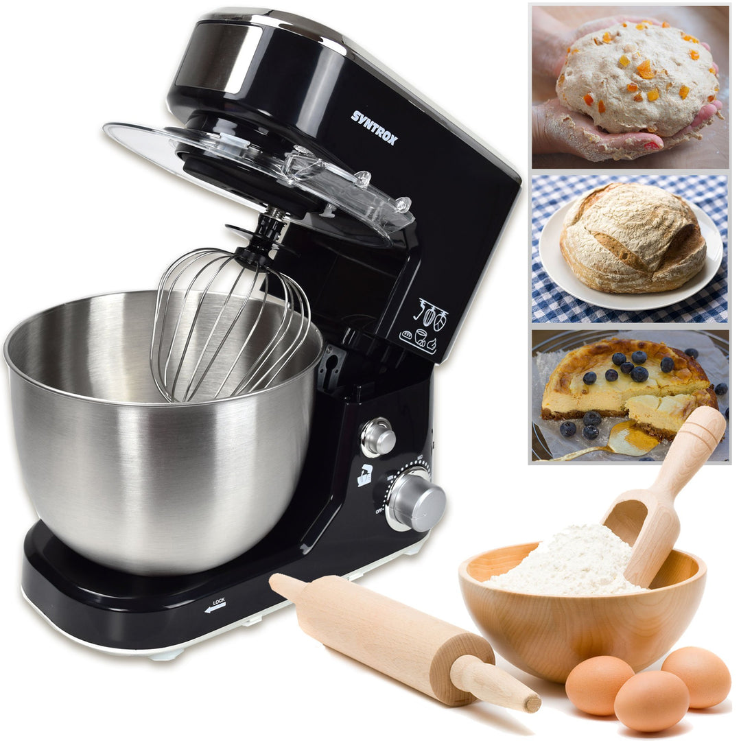 Syntrox Germany KM-1000W Küchenmaschine Knetmaschine Mixer, Edelstahl-Behälter, 5 Liter, schwarz