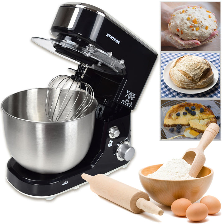 Syntrox Germany KM-1000W Küchenmaschine Knetmaschine Mixer, Edelstahl-Behälter, 5 Liter, schwarz