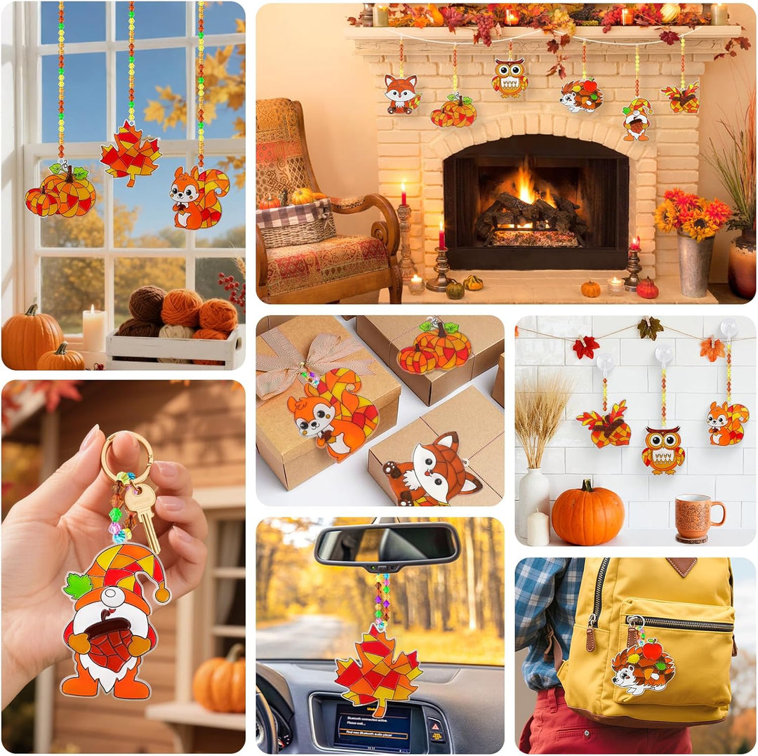 AHIKY Herbst Sonnenfänger Basteln Set, 24 Stück Herbstdeko Basteln für Kinder, Kürbis Igel Eule zum