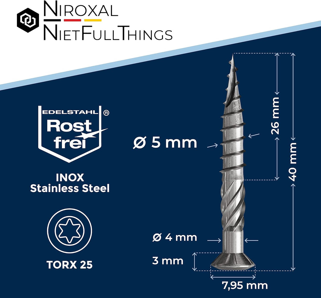 200 Stück Terrassenschrauben 5 x 40 mm lang | PERFEKT für 16 mm Terrassendielen | rostfreier gehärte