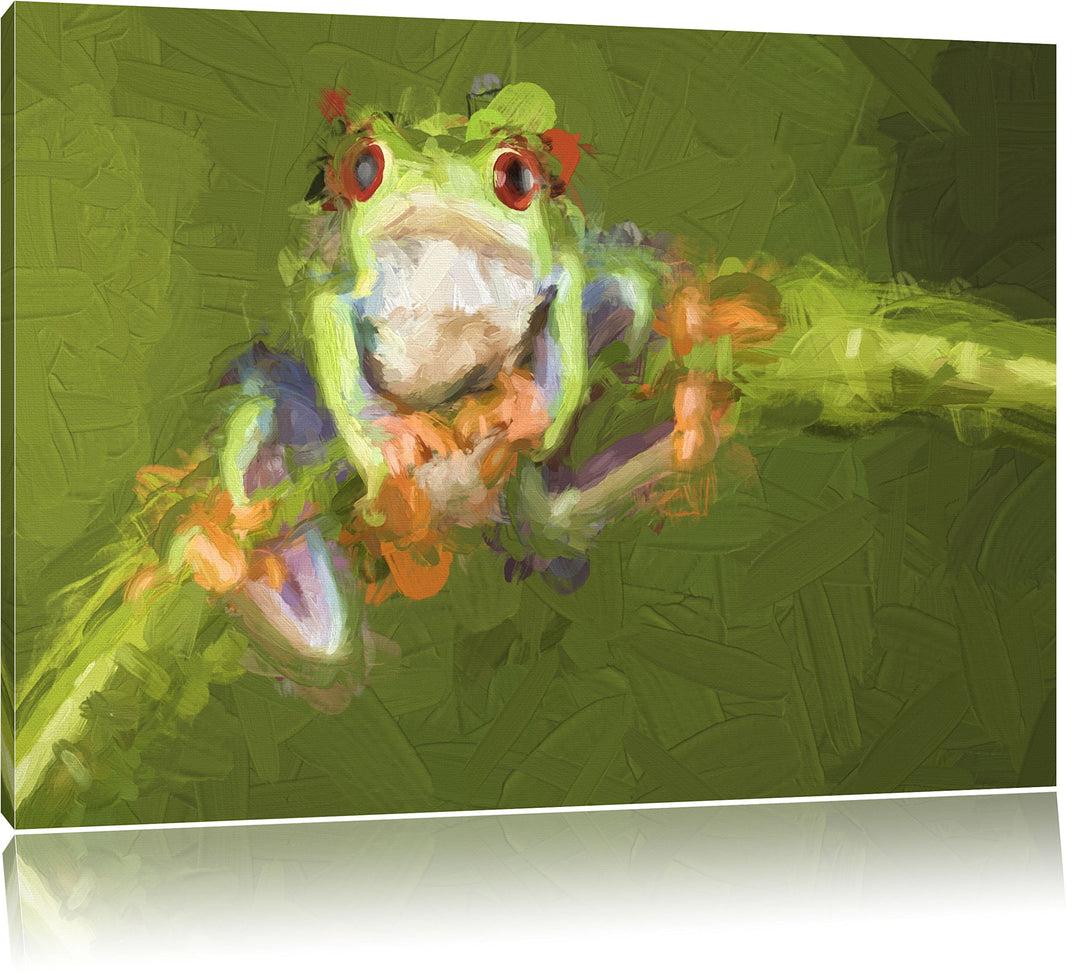 Pixxprint Baum-Frosch auf Bambus Kunst Pinsel Effekt, Format: 100x70 auf Leinwand, XXL riesige Bilde