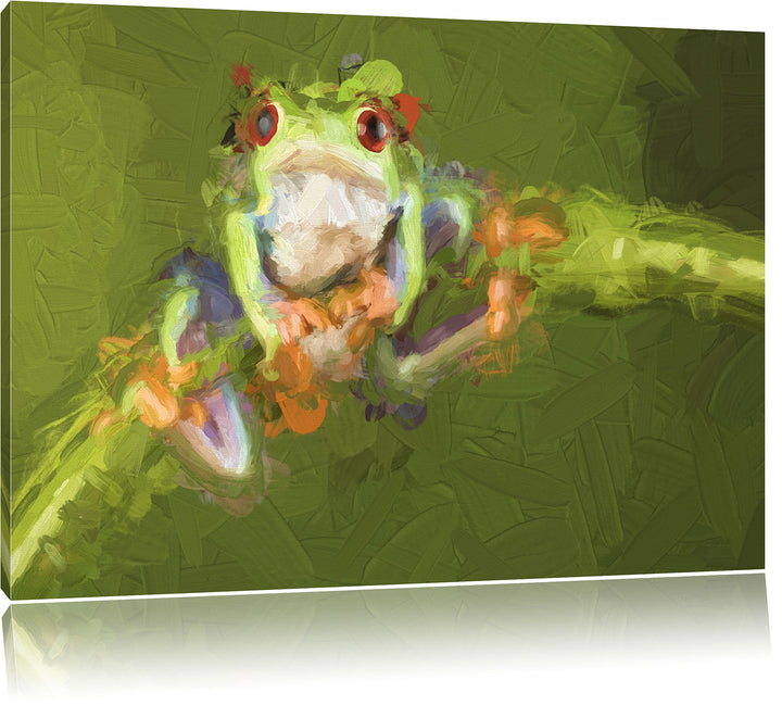 Pixxprint Baum-Frosch auf Bambus Kunst Pinsel Effekt, Format: 100x70 auf Leinwand, XXL riesige Bilde