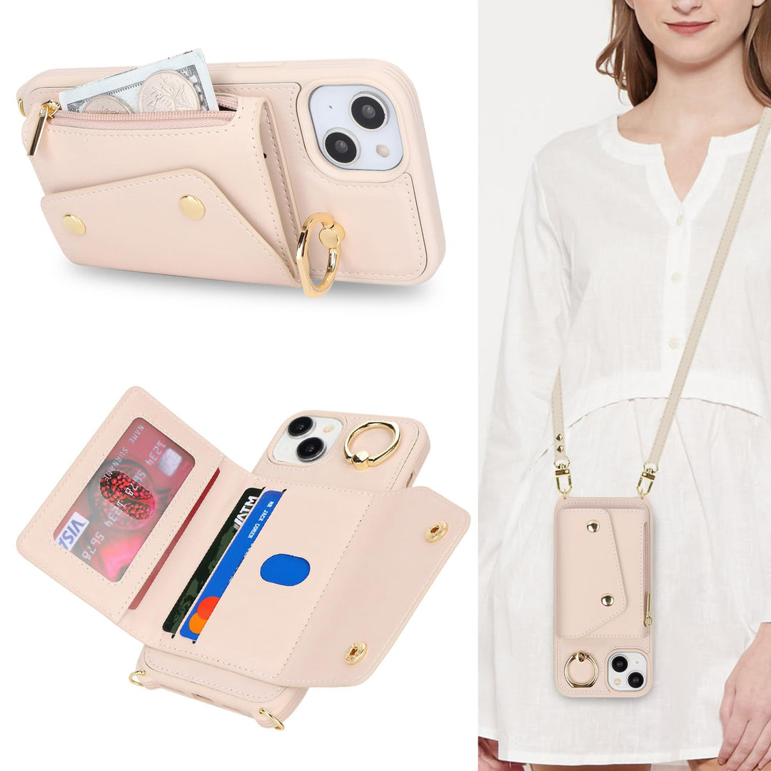 Lipvina Hülle für iPhone 15 Mit Band, Kartenhalter, Reissverschluss, Ring Ständer - Handyhülle Case
