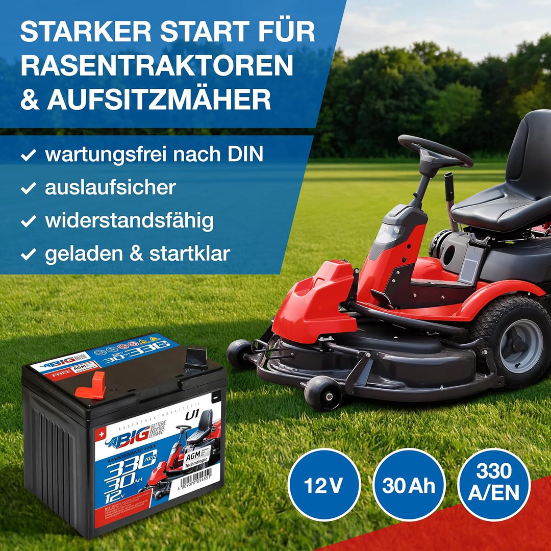 BIG U1 Garden Power Rasentraktor-Batterie 12V 30Ah 310A Starterbatterie für Aufsitzmäher wartungsfre
