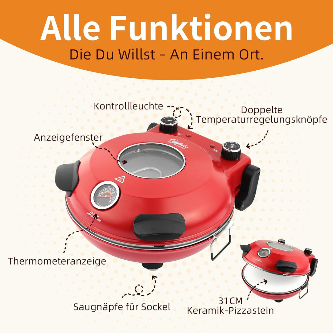 YIBAKE Pizzaofen elektrisch, 1200W Pizzabäcker in 4-Min-Pizza, 31cm Feuerfeste Pizzastein, Max 420℃