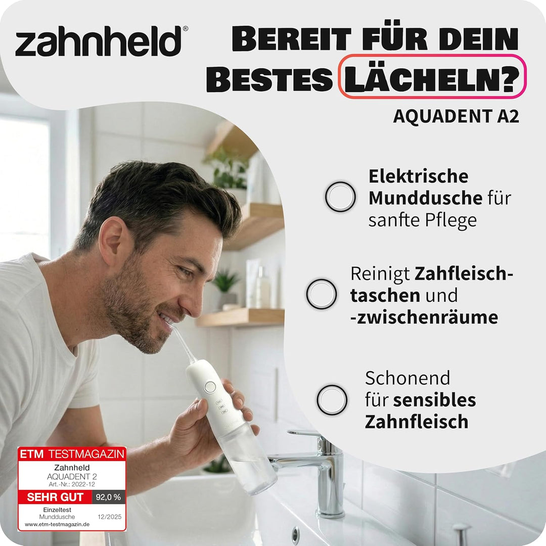 Zahnheld® Munddusche AQUADENT | Kabellos | Für unterwegs und zu Hause | Water Flosser | Fördert eine