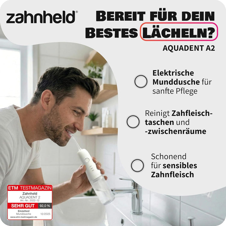 Zahnheld® Munddusche AQUADENT | Kabellos | Für unterwegs und zu Hause | Water Flosser | Fördert eine