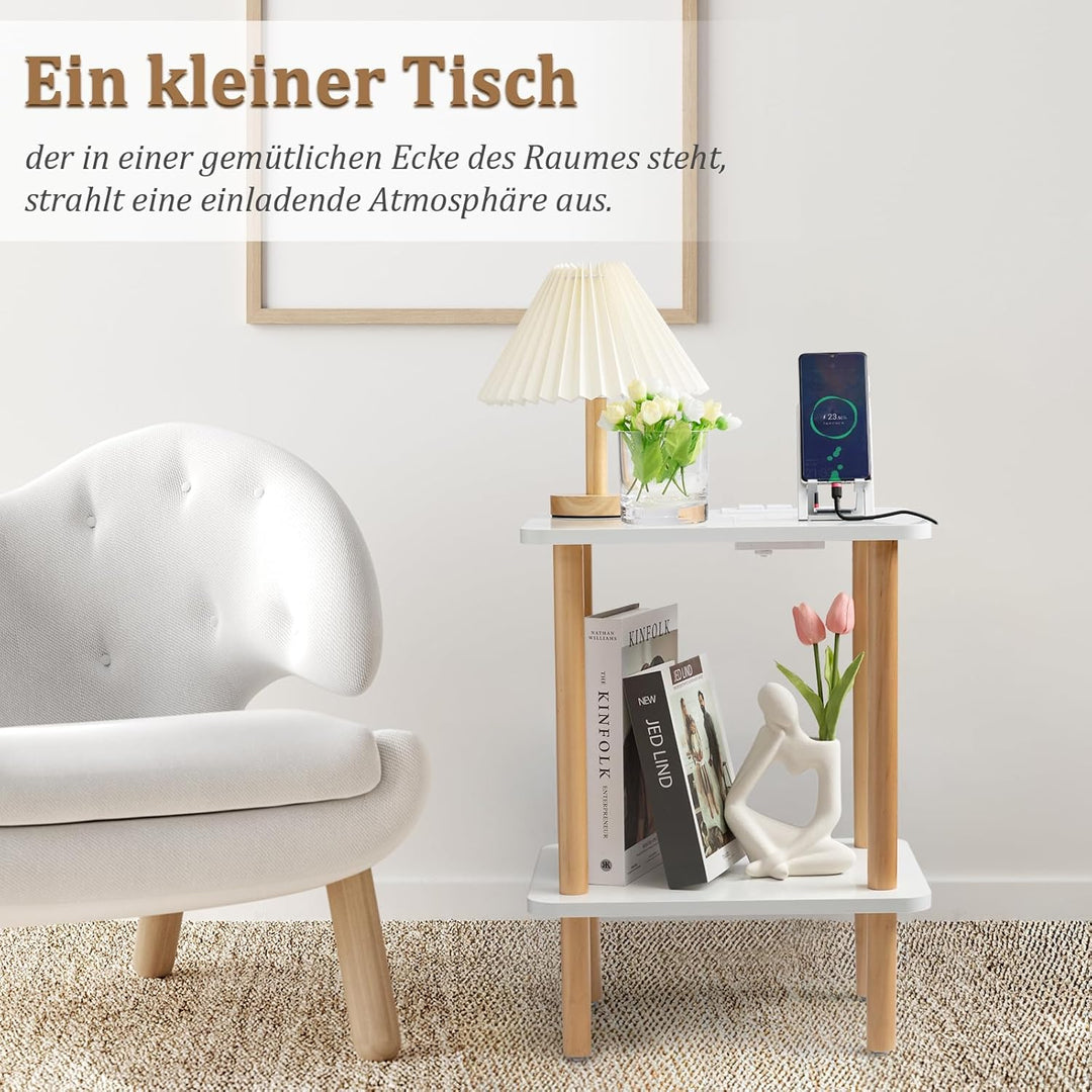 FORAOFUR Beistelltisch Holz, Beistelltisch klein mit Ladestation, Nachttisch klein, 2 Ebenen Telefon