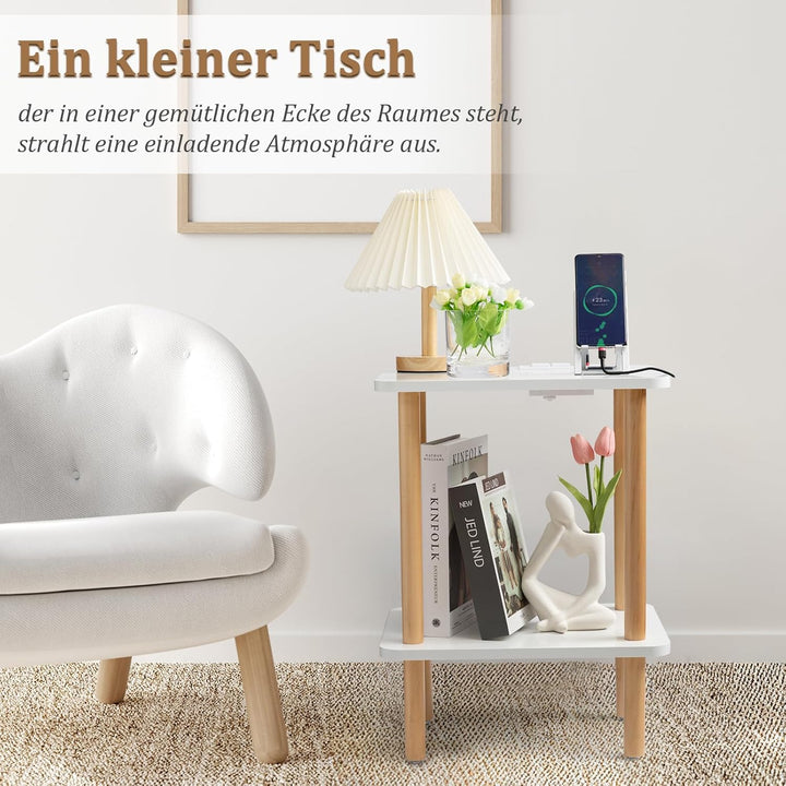 FORAOFUR Beistelltisch Holz, Beistelltisch klein mit Ladestation, Nachttisch klein, 2 Ebenen Telefon