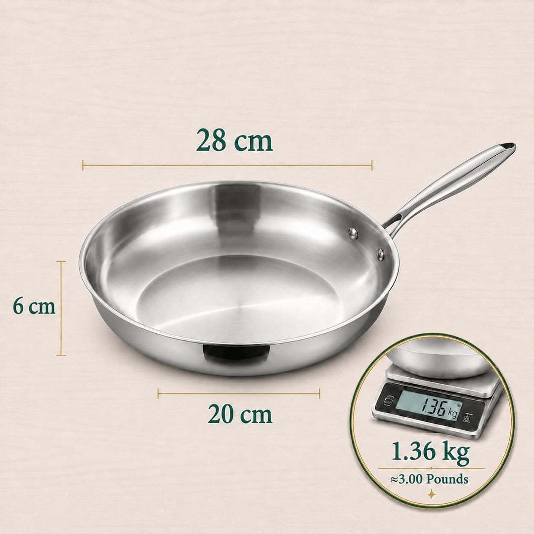 Edelstahlpfanne 28 cm mit Deckel, 5-Schicht Bratpfanne Unbeschichtet, Gleichmässige Wärmeverteilung,