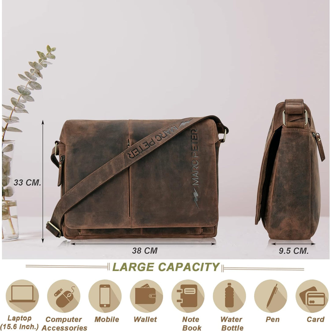 Marc Peter® Bergen leder Umhängetasche für Herren Damen | 15.6 Zoll Laptoptasche | Aktentasche aus e