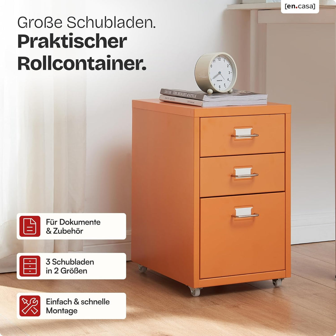 [en.casa] Rollcontainer Kökar Schubladenschrank Metall Aktenschrank mit 3 Schubladen Bürowagen mit R