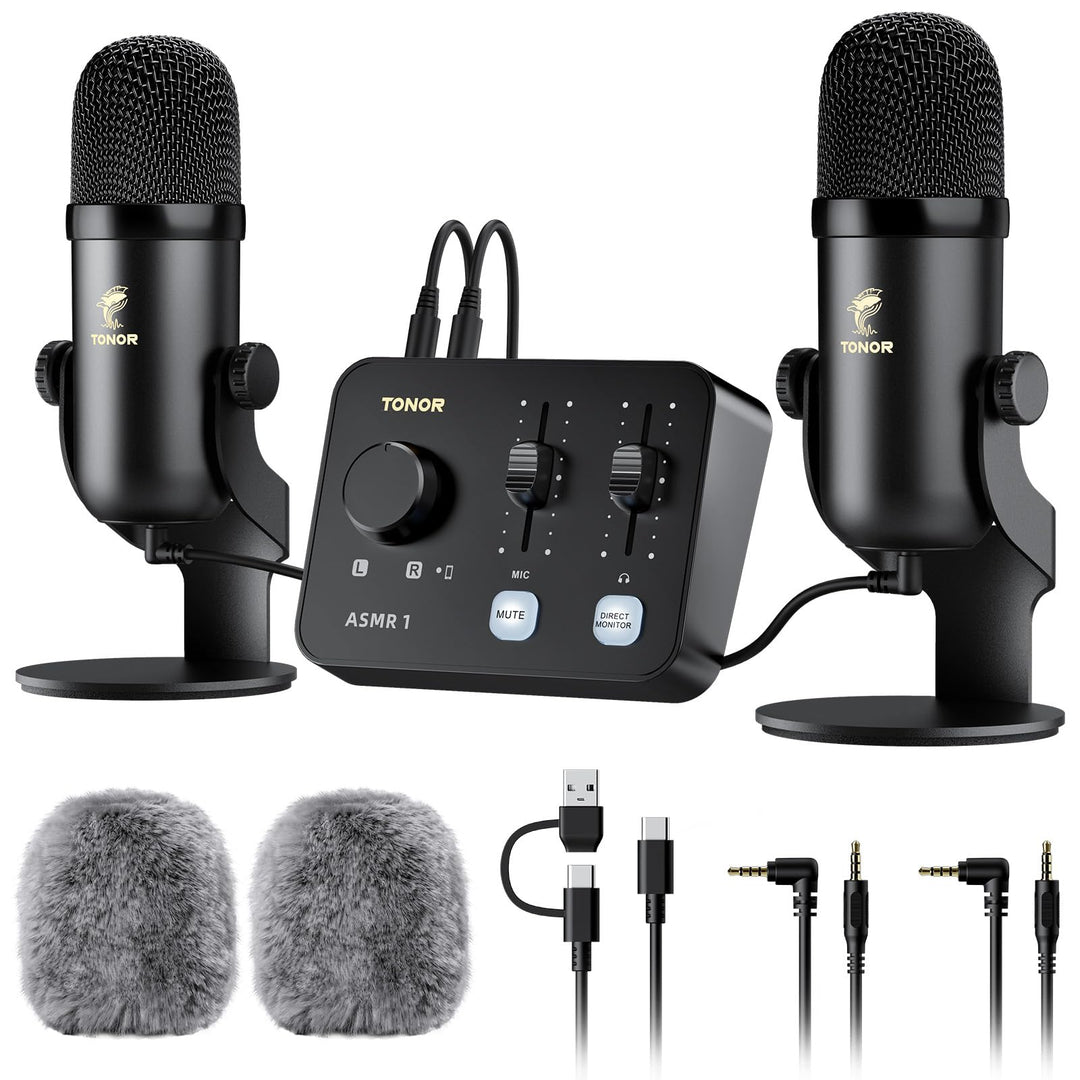 TONOR Podcast Mikrofon Set mit Audio Interface, ASMR Mikrofon, 2 Kondensatormikrofone, Audio Mixer,
