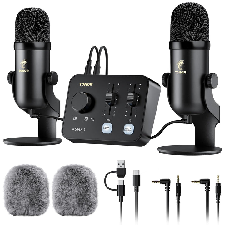 TONOR Podcast Mikrofon Set mit Audio Interface, ASMR Mikrofon, 2 Kondensatormikrofone, Audio Mixer,