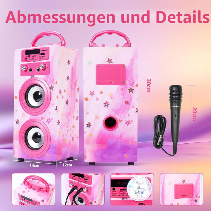 DYNASONIC Karaoke mit 2 Mikrofonen, tragbarer Karaoke-Maschine, Bluetooth-Lautsprecher, USB- und SD-