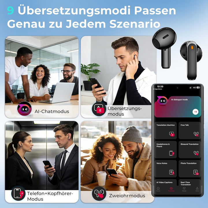 NE70 Übersetzungskopfhörer in Echtzeit 150 Sprachen mit APP, 60 Std, LCD | 9 Übersetzungsmodi, Bluet