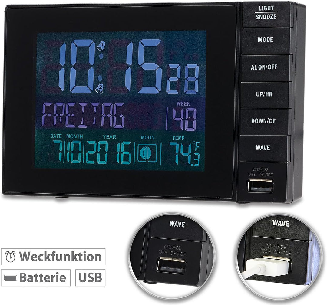 infactory Wecker mit Netzteil: Funkwecker mit Temperatur-Anzeige, USB-Ladestation (2 A), 2 Weckzeite