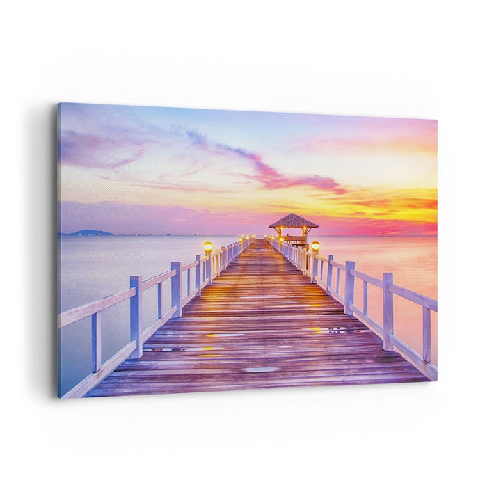 Bilder auf Leinwand 100x70cm Leinwandbild Sonnenuntergang Wasser Brücke Horizont Gross Wanddeko Bild