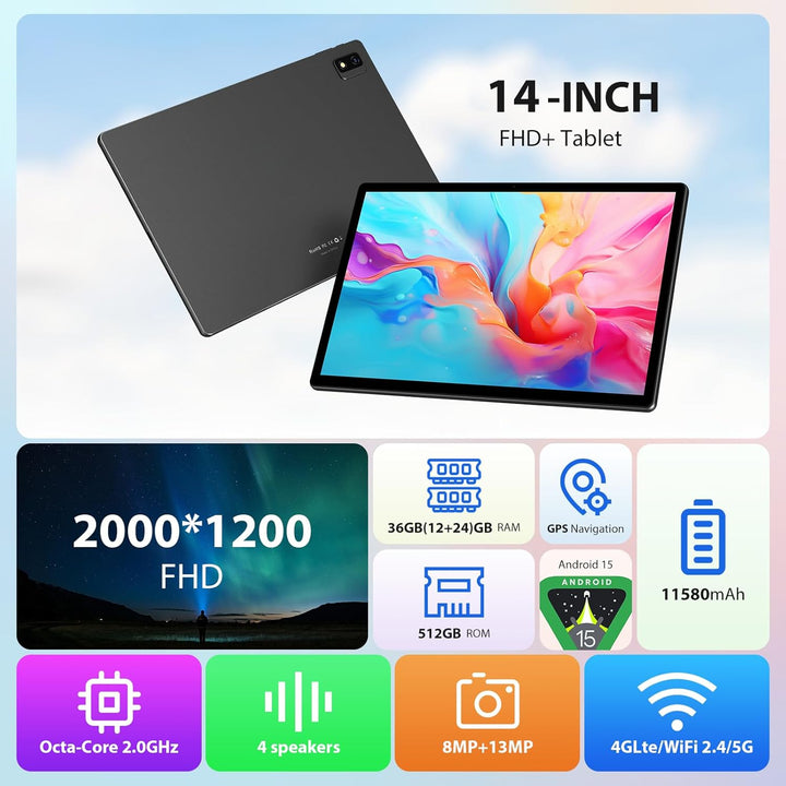 2K Android 15 Tablet 14 Zoll, 36GB RAM, 512GB ROM (2TB Erweiterung), 4G SIM LTE & 5G WiFi, 2000 * 12