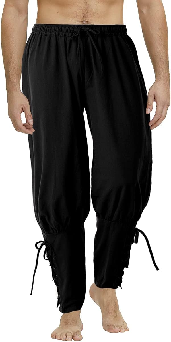 COSDREAMER Herren Mittelalterhose Wikinger Piraten Kostümhose Schwarz L L Schwarz, L Schwarz