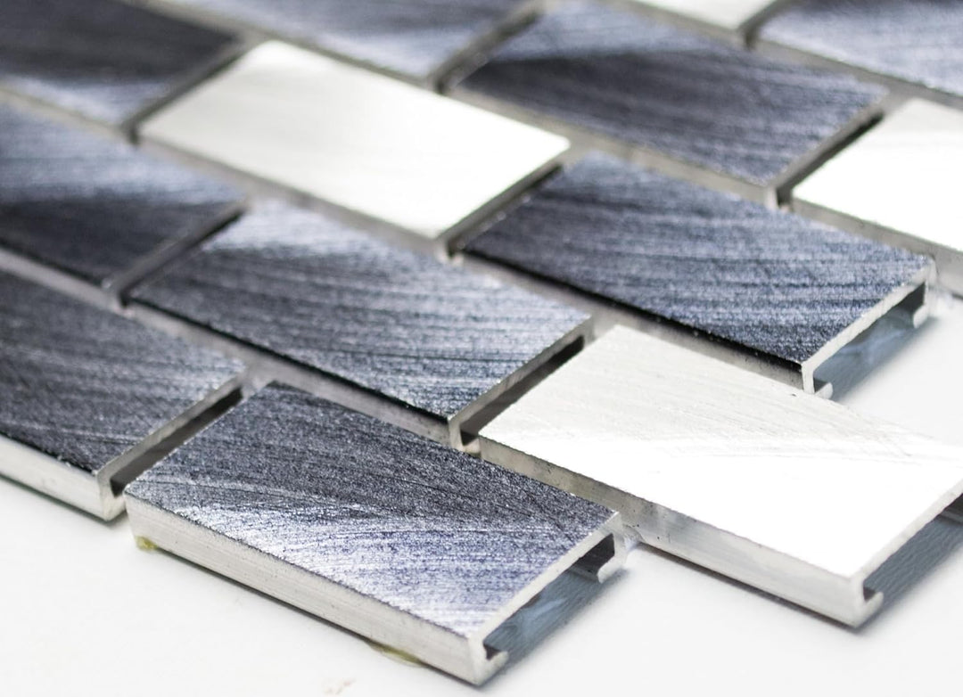 Mosaik Brick Aluminium mix alu/schwarz Metall Fliesenspiegel, Mosaikstein Format: 15x30x4 mm, Bogeng