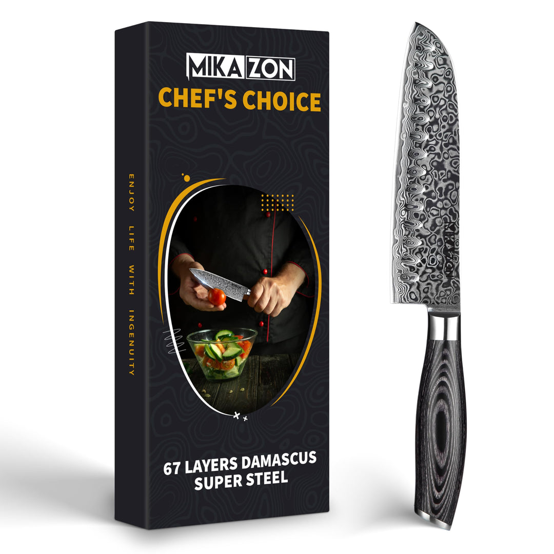 Damast Santoku - Japanisches 17.8 cm Allzweck-Küchenmesser mit 67-lagiger Stahlkonstruktion und Pakk