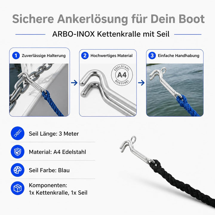 ARBO-INOX Kettenkralle mit Seil Edelstahl 6mm, 6mm