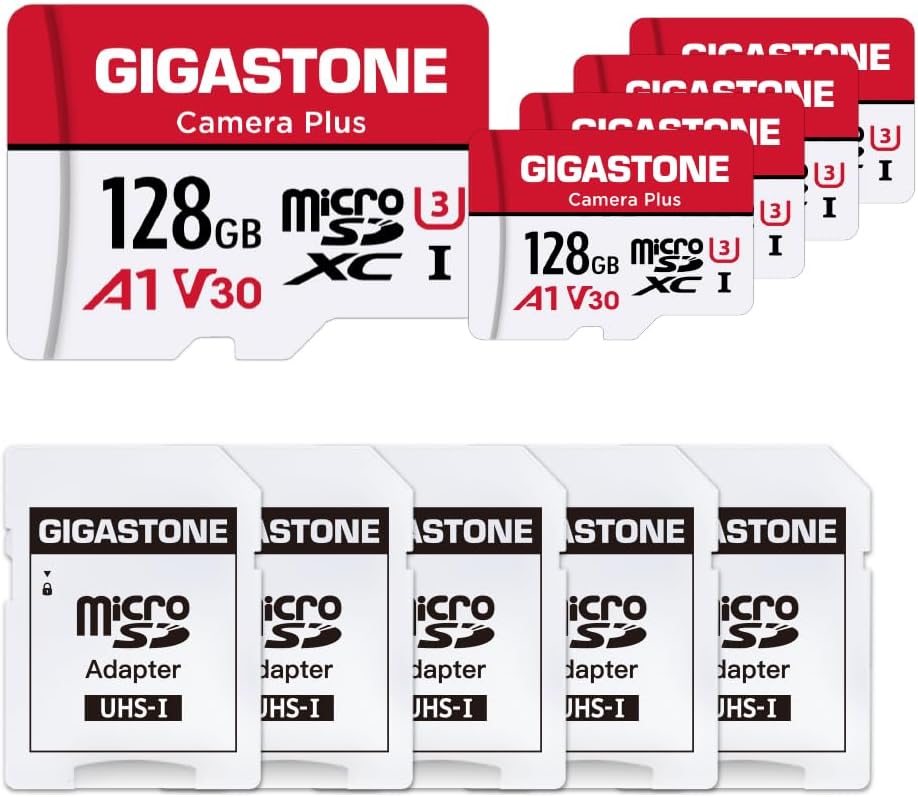 Gigastone Kamera Plus 128GB MicroSDXC Speicherkarte 5-Pack + SD Adapter, für Action-Kamera und Drohn